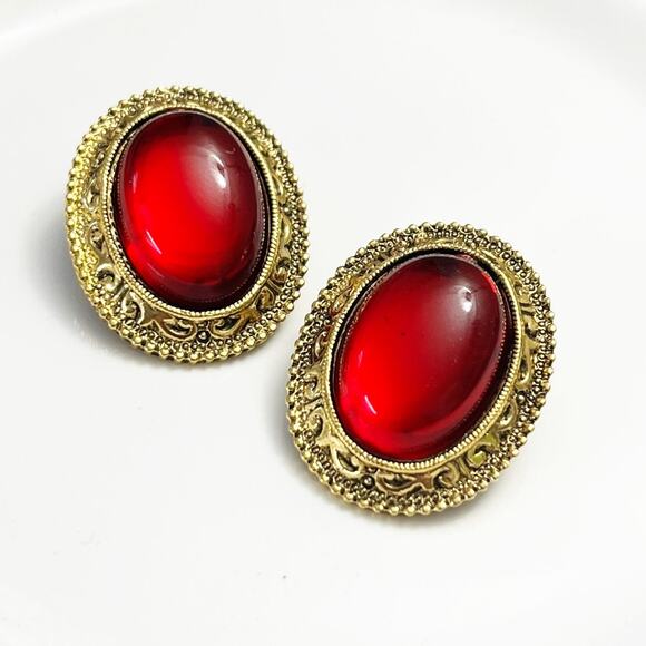 1928 Jewelry - 1928 Brand Vintage Red Cabochon Oval Clip Earrings
